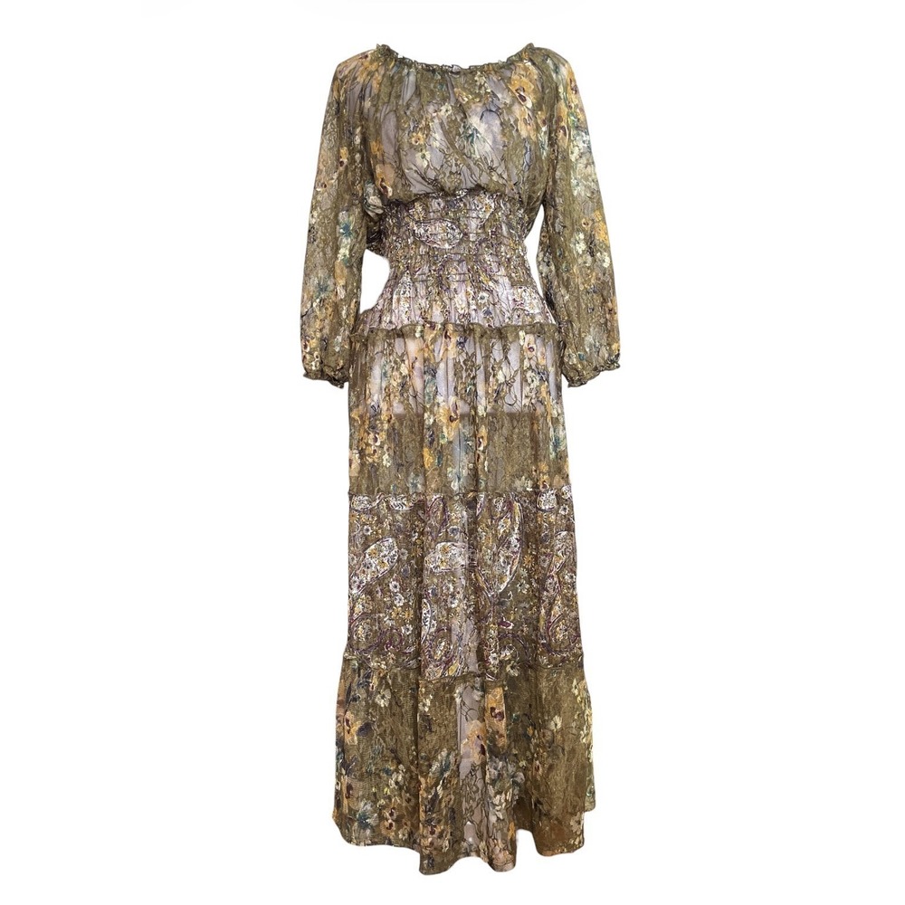 Fig And Flower Olive Green Floral Lace Tiered Smocked Dress Forest Fairy Boho PL